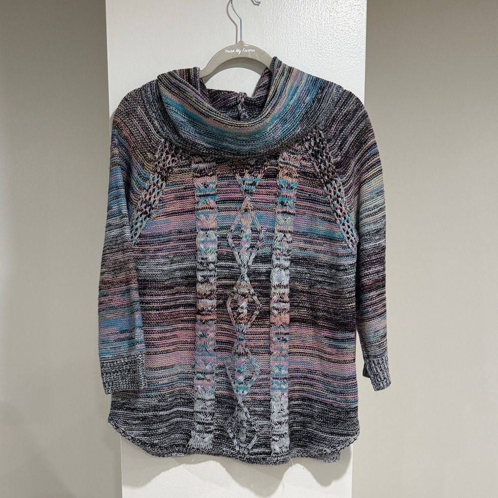John Paul Richard cowl neck sweater with multicolor knit and cable-knit details